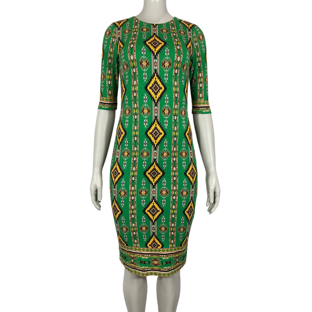 Olivia Ikat Dark Emerald Multi Delora Sheath Dress Size 2 - Picture 2 of 6